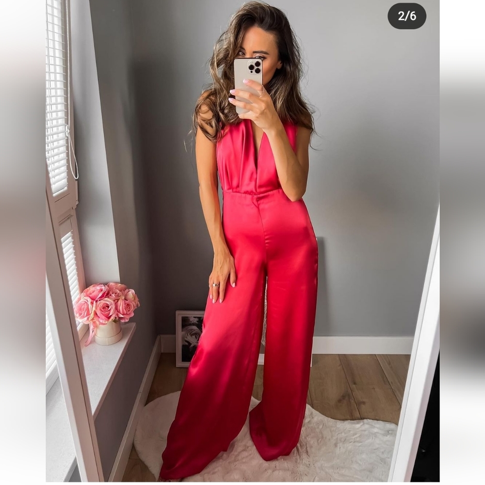 Zara * Satin Effect  Jumpsuit Wide Leg Pink Long Size XS